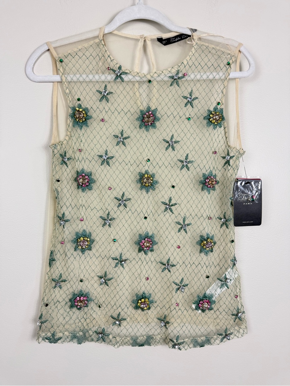 Trafaluc Zara Embellished Mesh Tank Top Women Small Beaded Cream Embroidered NWT